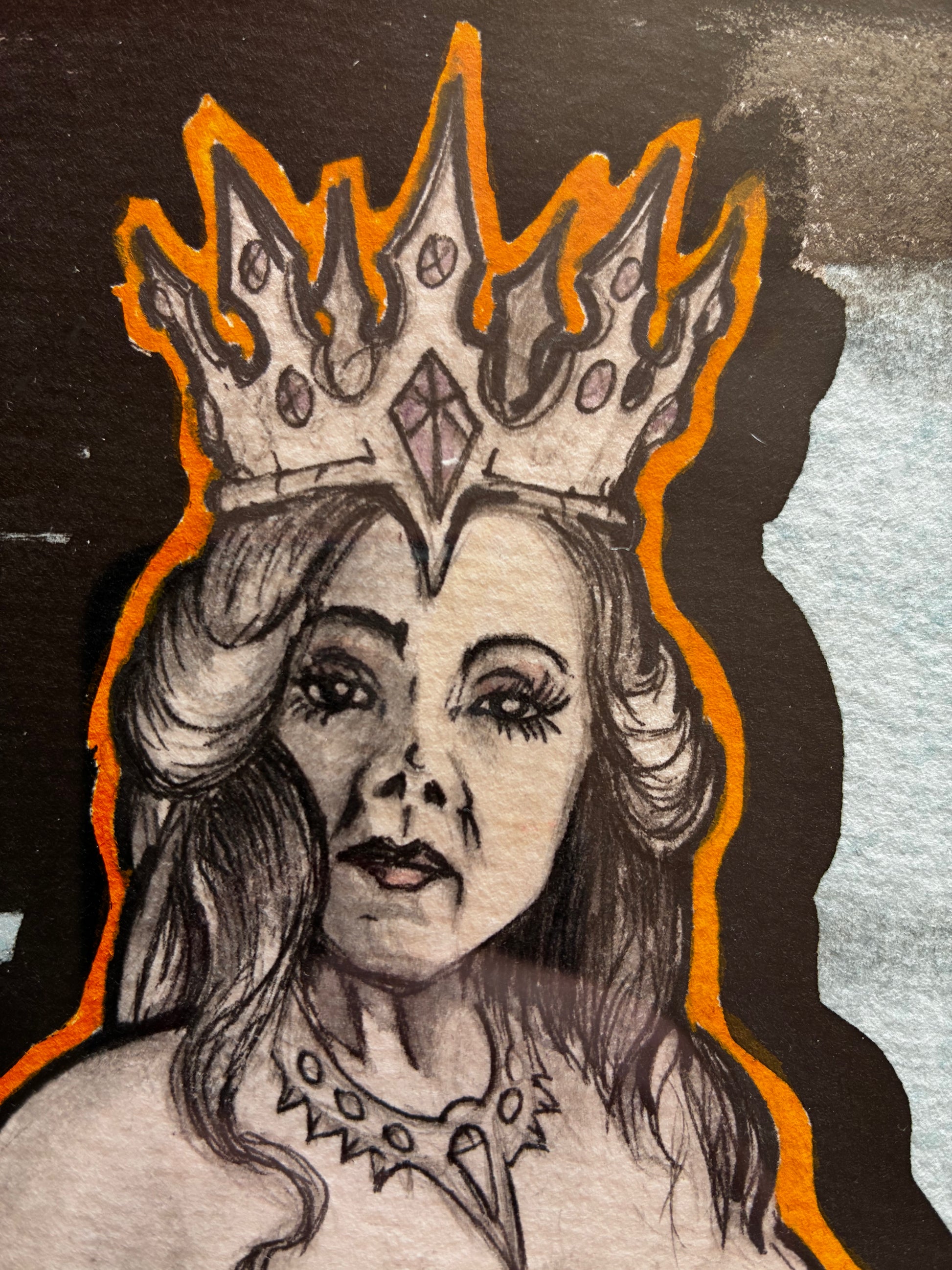 Illustration of a woman with a crown and orange outline on a textured background