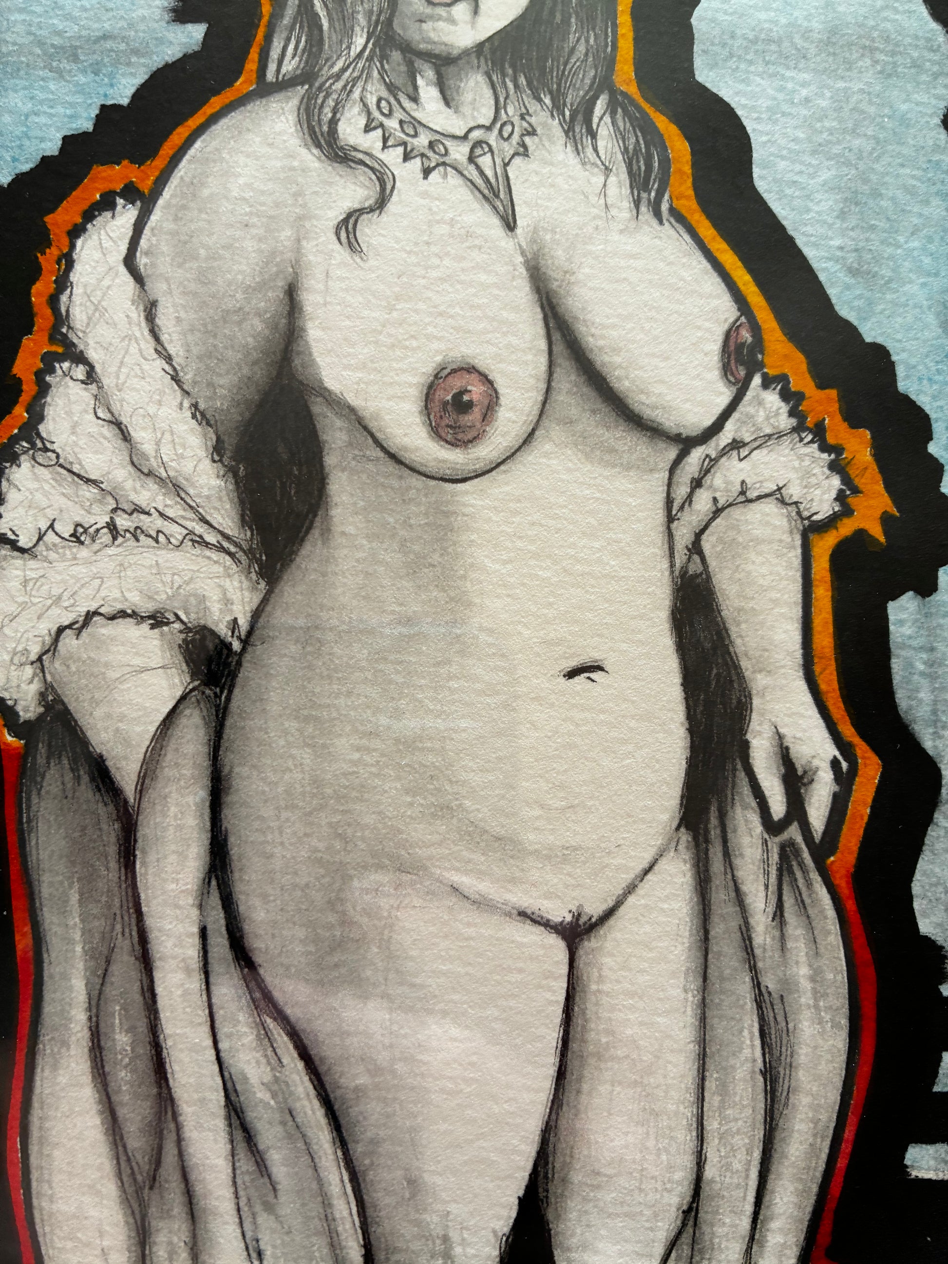 Nude figure with decorative elements on a stylized background