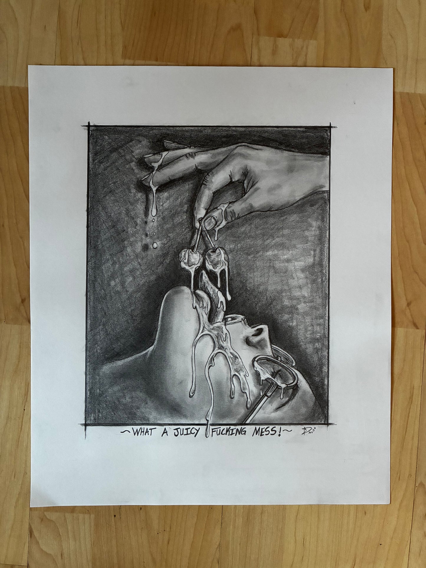 Black and white drawing of a hand holding a key on a wooden floor