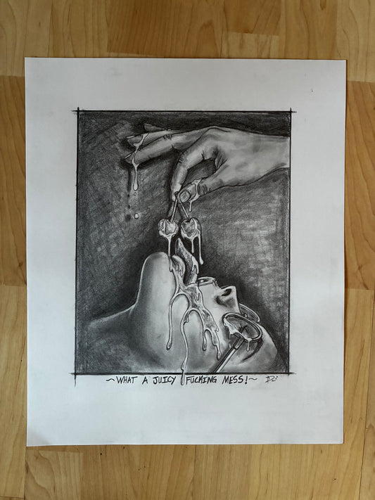 Black and white drawing of a hand holding a key on a wooden floor