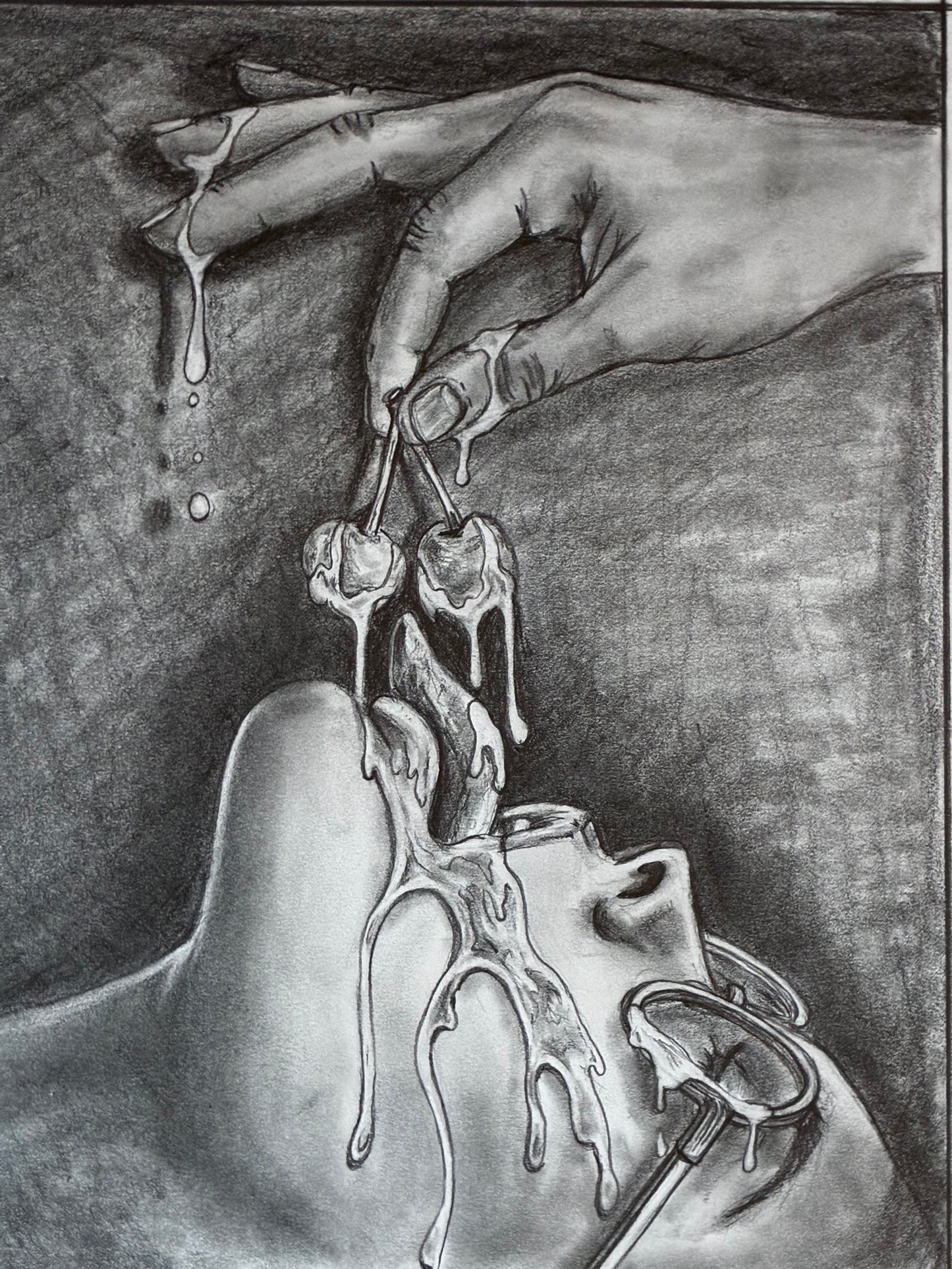 Black and white drawing of a hand holding cherries near a person's mouth.