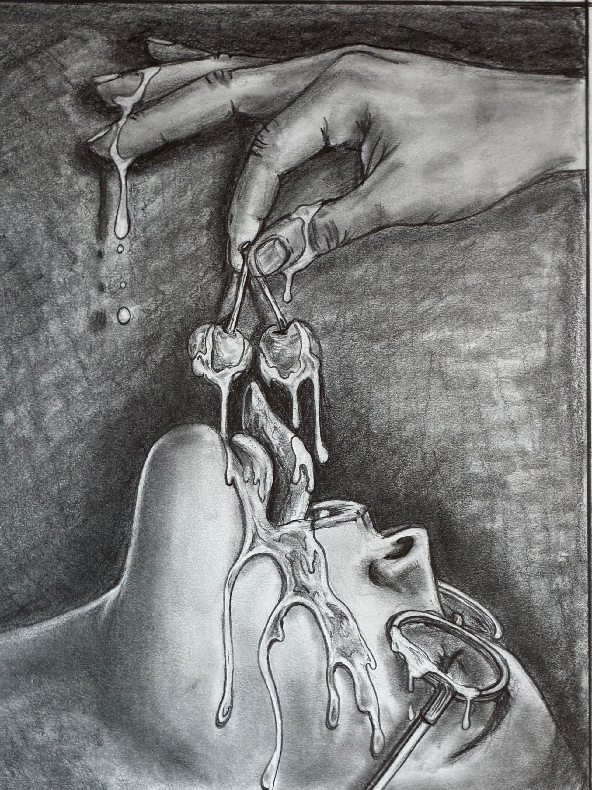 Black and white drawing of a hand holding cherries near a person's mouth.