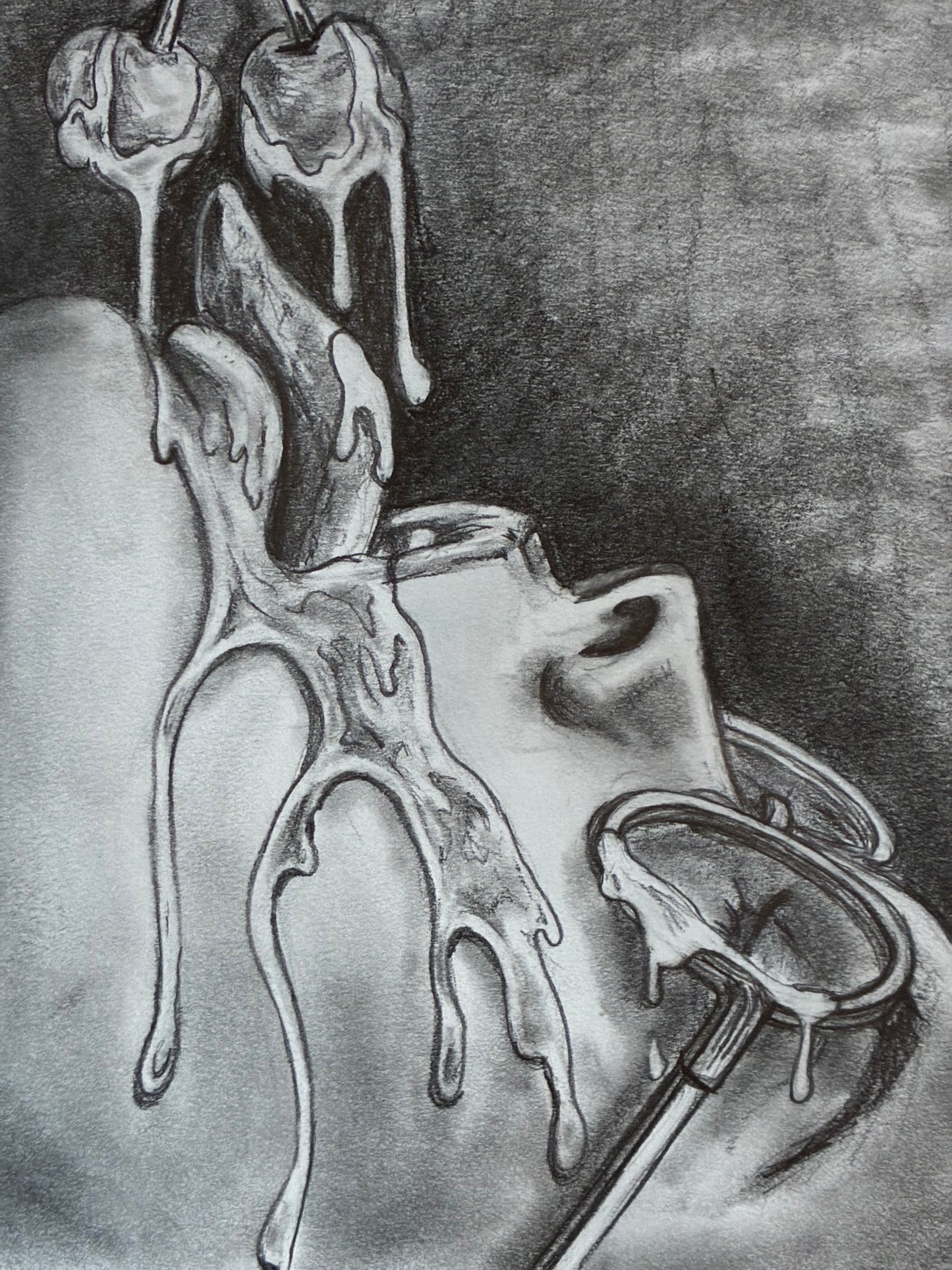 Black and white drawing of a person's licking cherries
