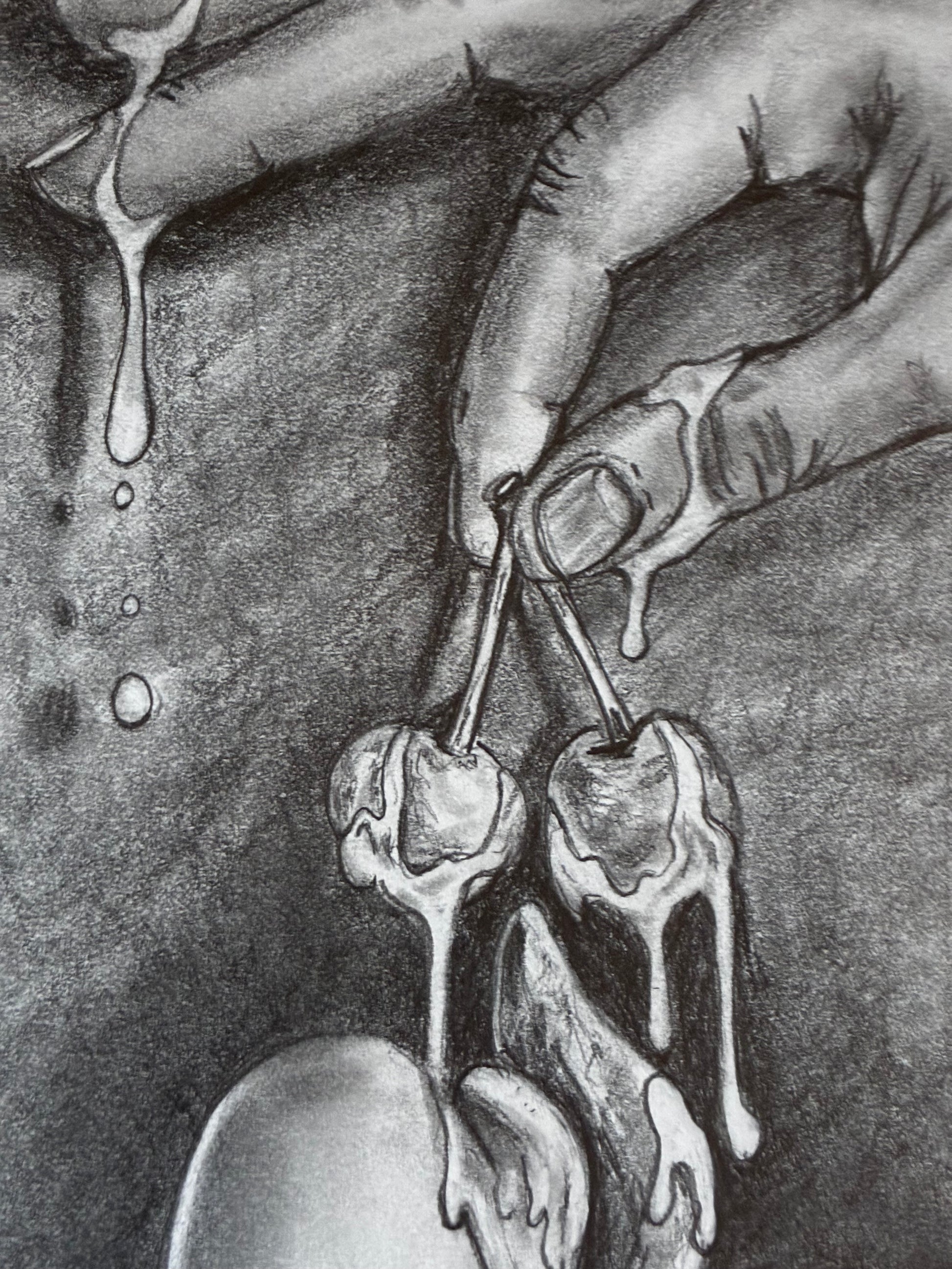 Illustration of a hand holding cherries