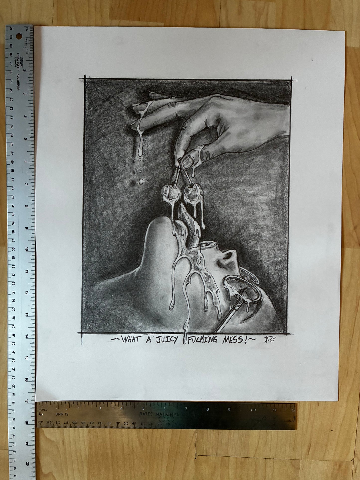 Black and white illustration of a hand holding a small object near a detailed anatomical drawing of a head on a wooden surface with a ruler.