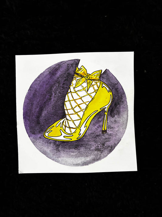 Yellow high-heeled shoe with a bow on a purple circular background