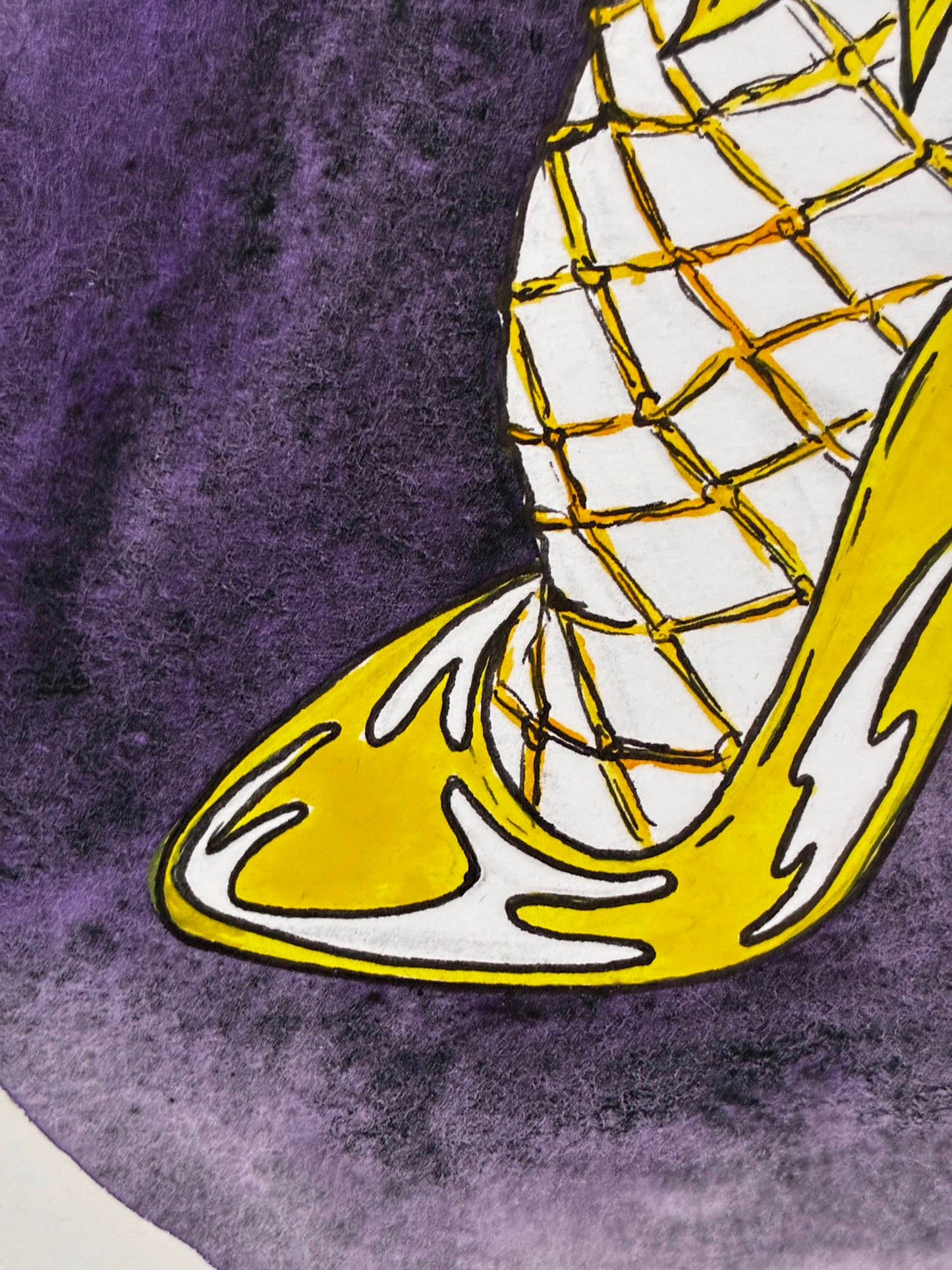 Yellow and white shoe with netting on a purple background
