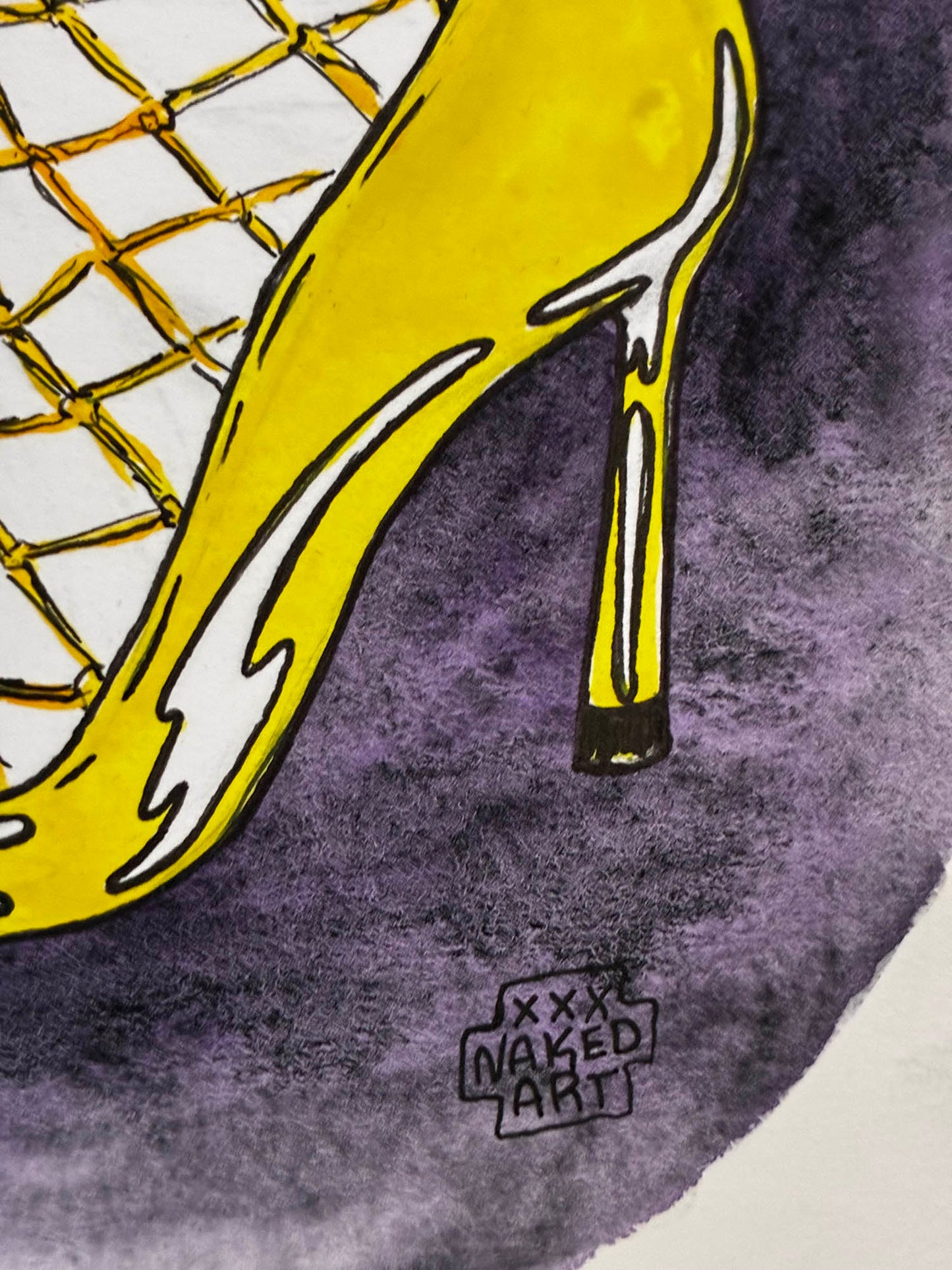 Yellow high-heeled shoe on a textured gray background with 'xxx Naked Art' signature.