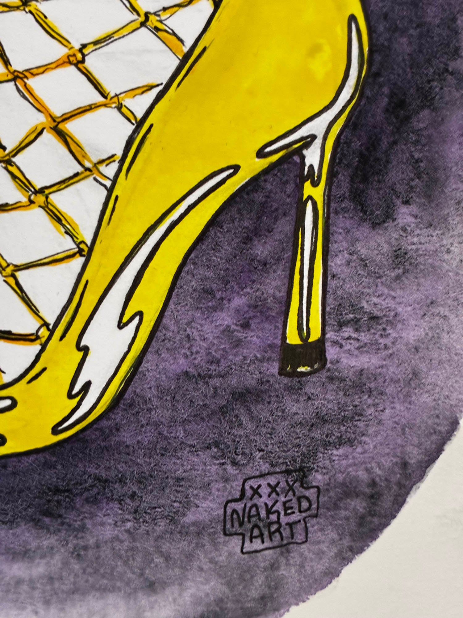 Yellow high-heeled shoe on a textured gray background with 'xxx Naked Art' signature.