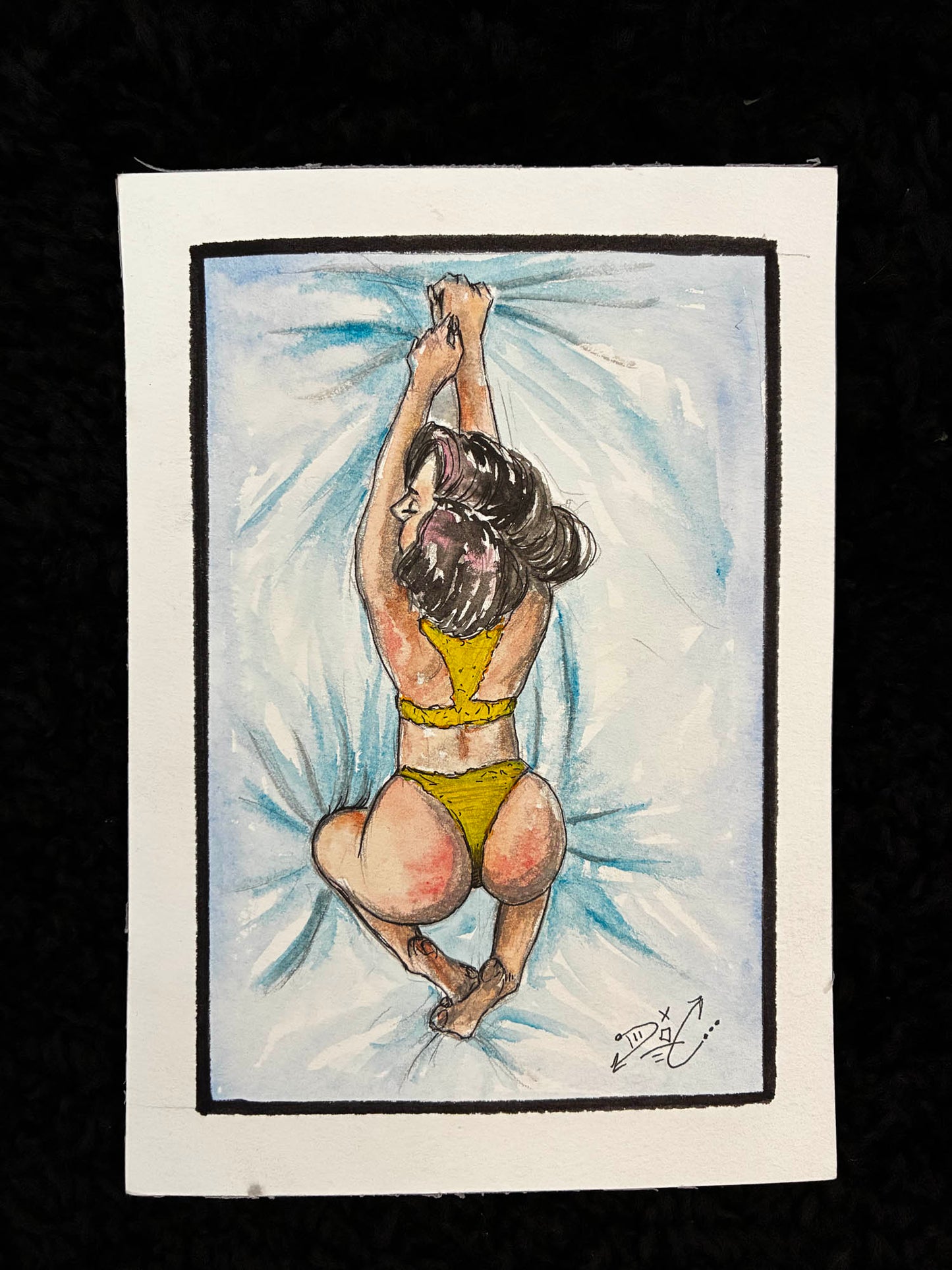 Illustration of a person in a yellow bikini against a light blue background