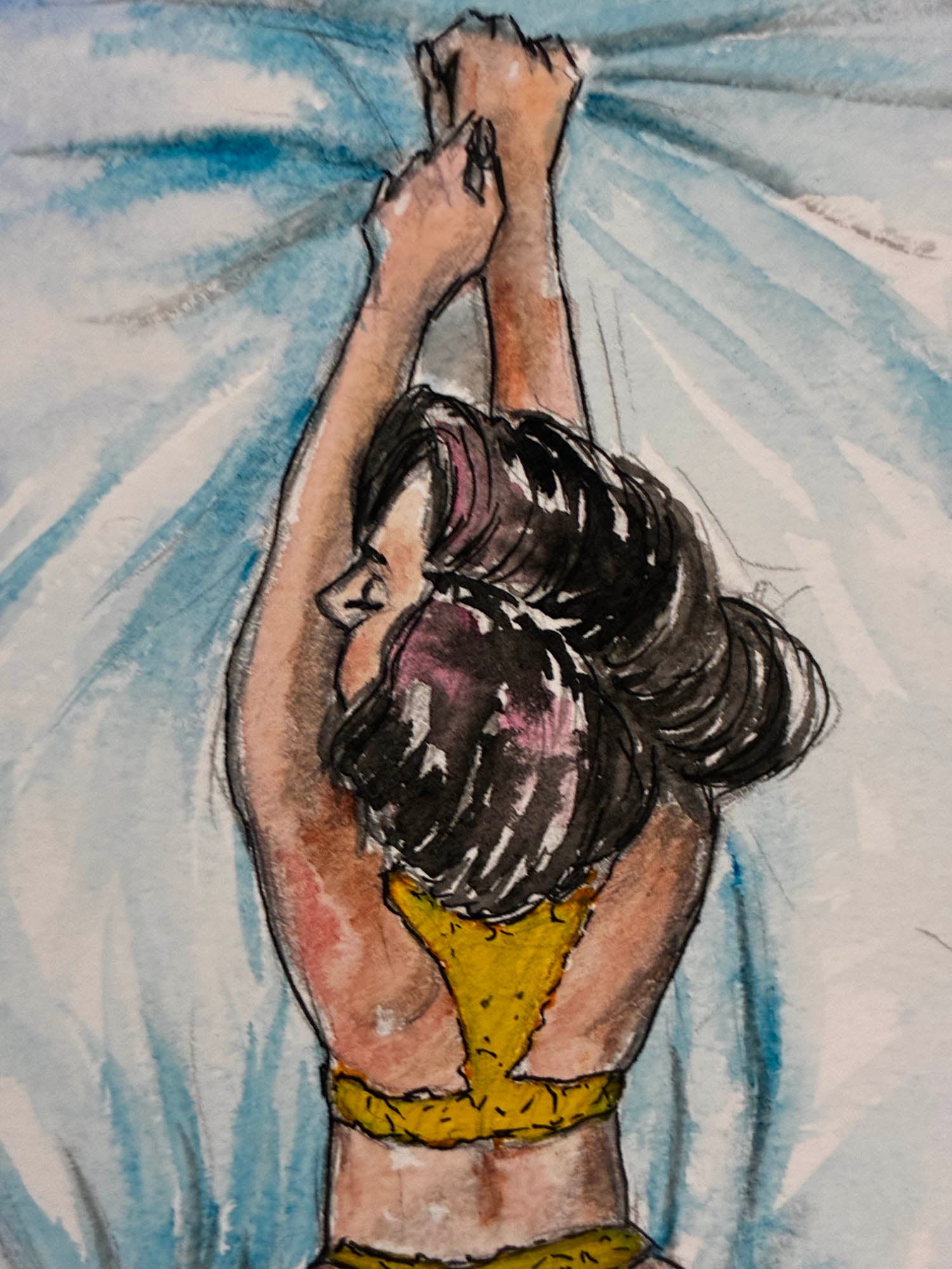 Artistic depiction of a person in a yellow top against a blue and white abstract background