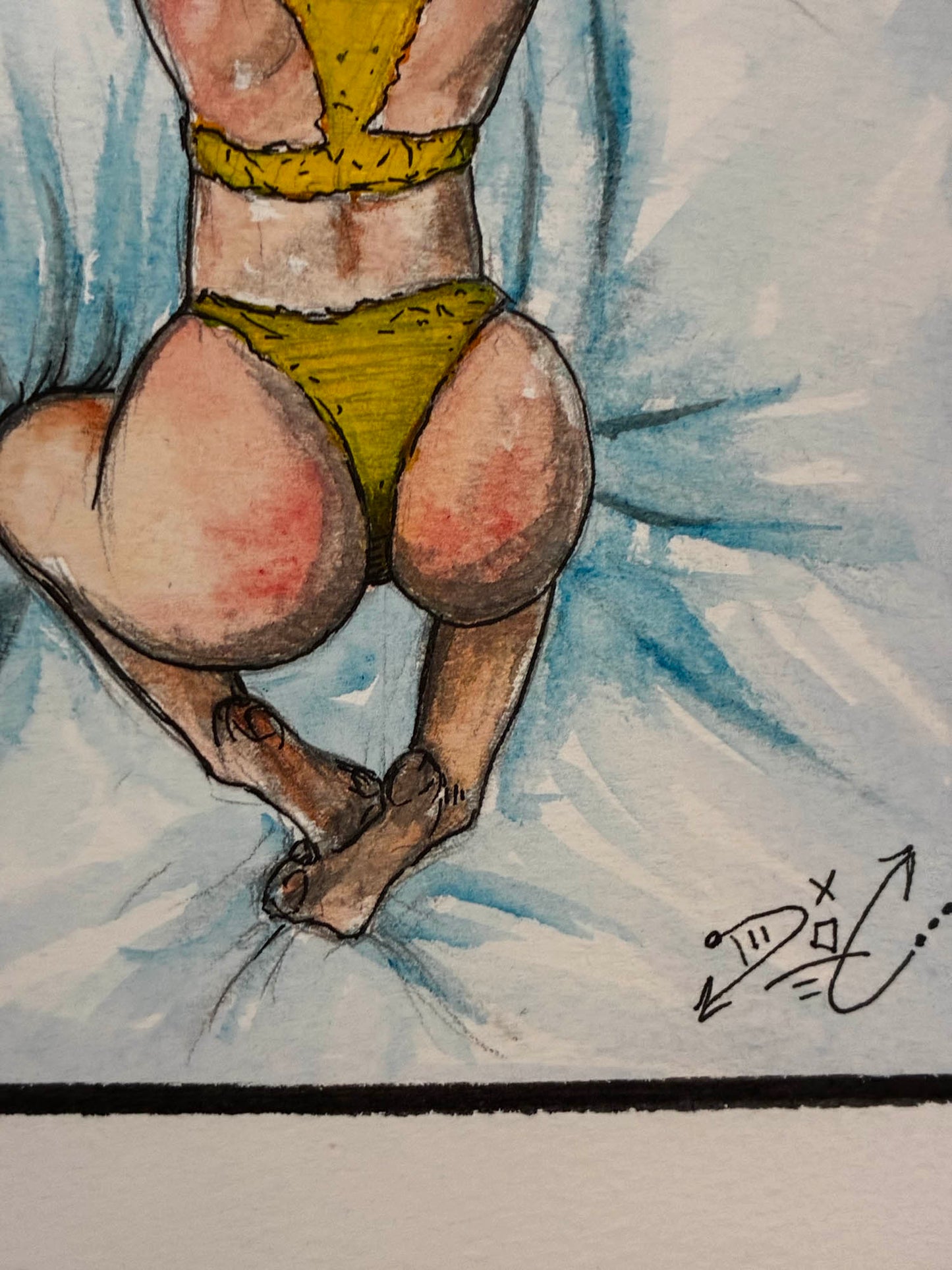 Artistic depiction of a person wearing yellow underwear on a textured background
