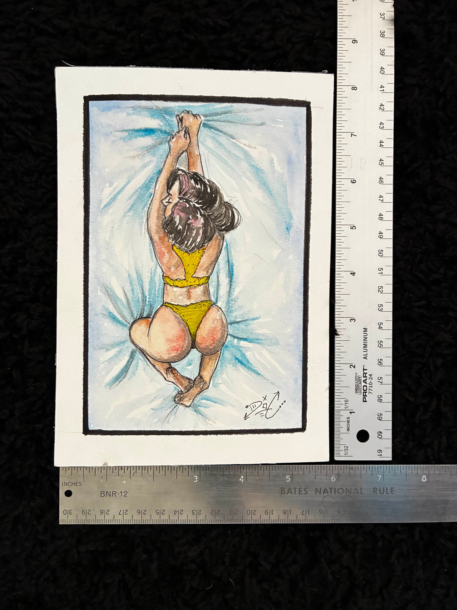 Illustration of a person in a yellow bikini on a black background with a ruler for scale.