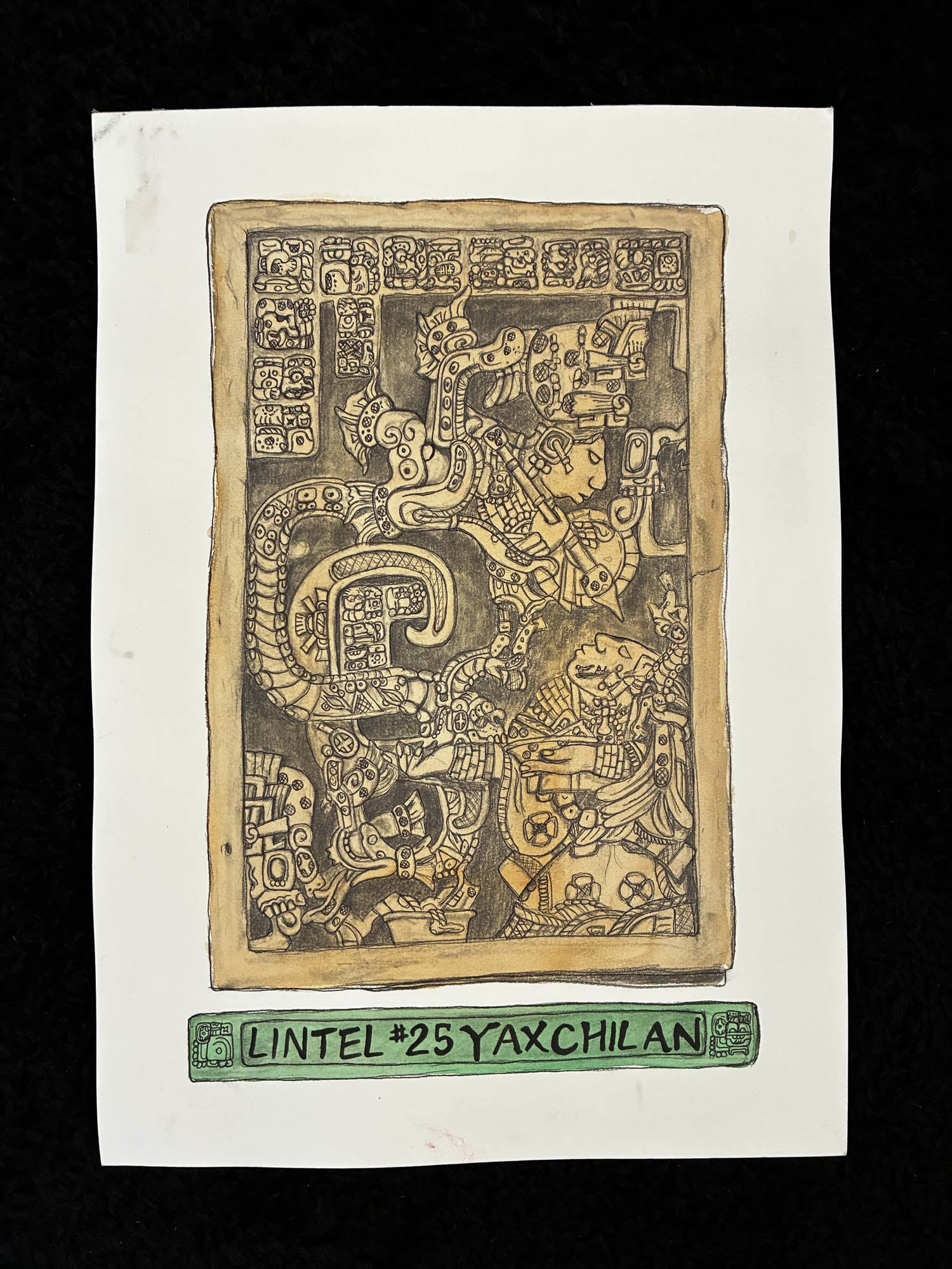Ancient Mayan Lintel 25 Yaxchilan Watercolor Drawing – 11x15.25” - Urban Muse & Sultry Hues