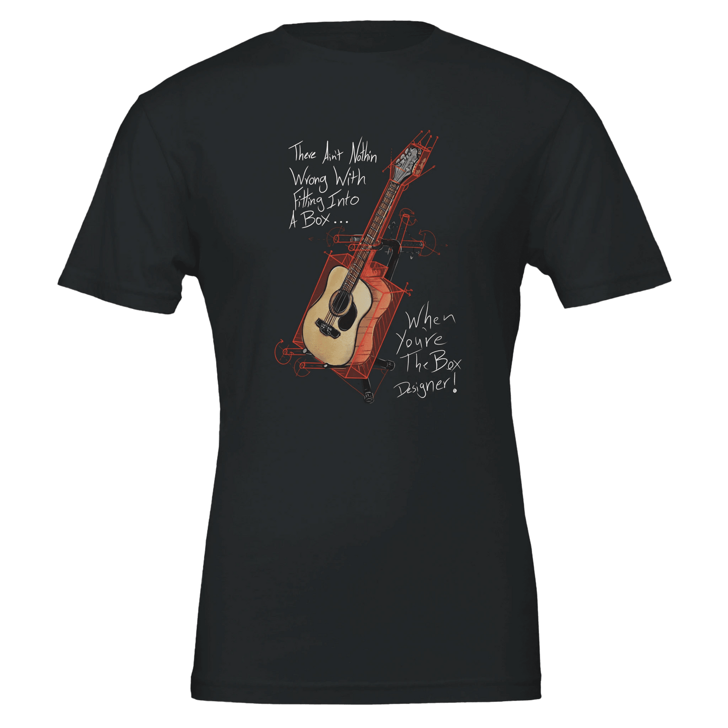 Artistic Guitar Blueprint T-Shirt - "Box Designer" Quote Tee - Urban Muse & Sultry Hues
