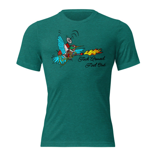 Battle Bird: Flamethrower Hummingbird Short sleeve t-shirt - Urban Muse & Sultry Hues