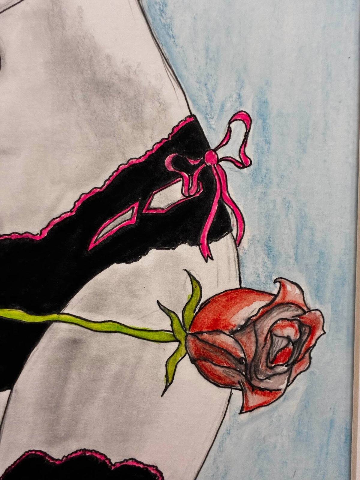Black Lace & Red Rose – Sensual Mixed Media Drawing – 8x10” - Urban Muse & Sultry Hues