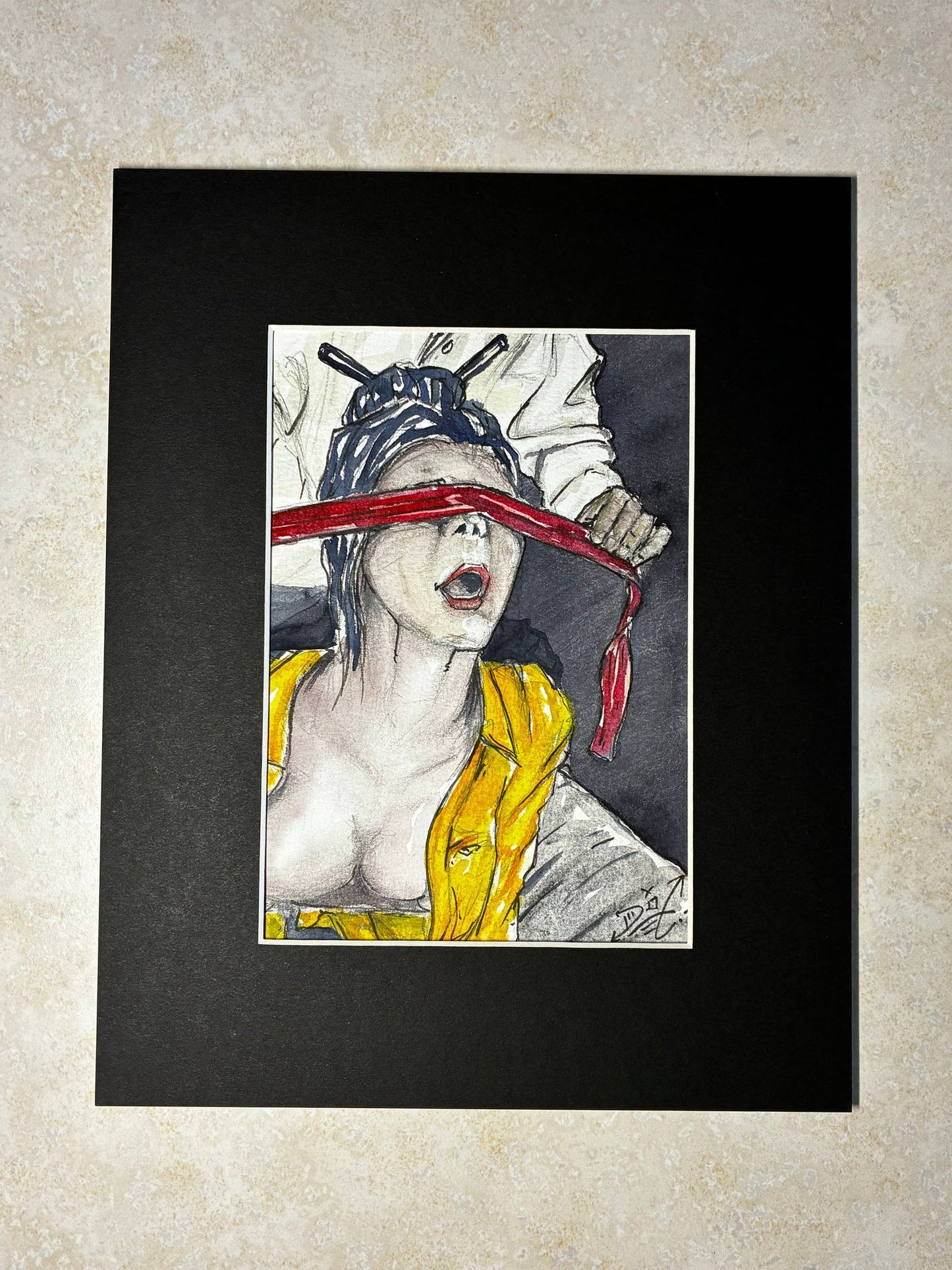 Blindfolded Desire: Watercolor Woman in Yellow Jacket (5x7) - Urban Muse & Sultry Hues