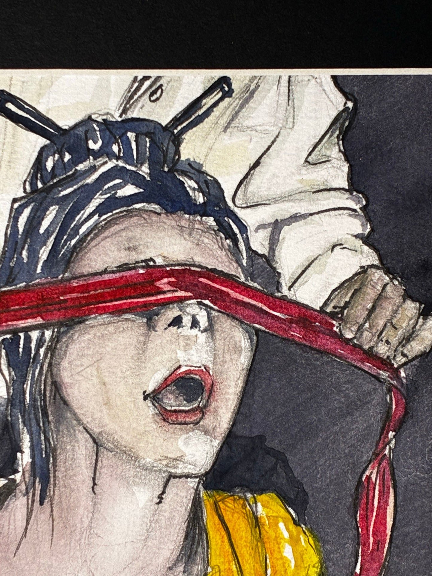 Blindfolded Desire: Watercolor Woman in Yellow Jacket (5x7) - Urban Muse & Sultry Hues