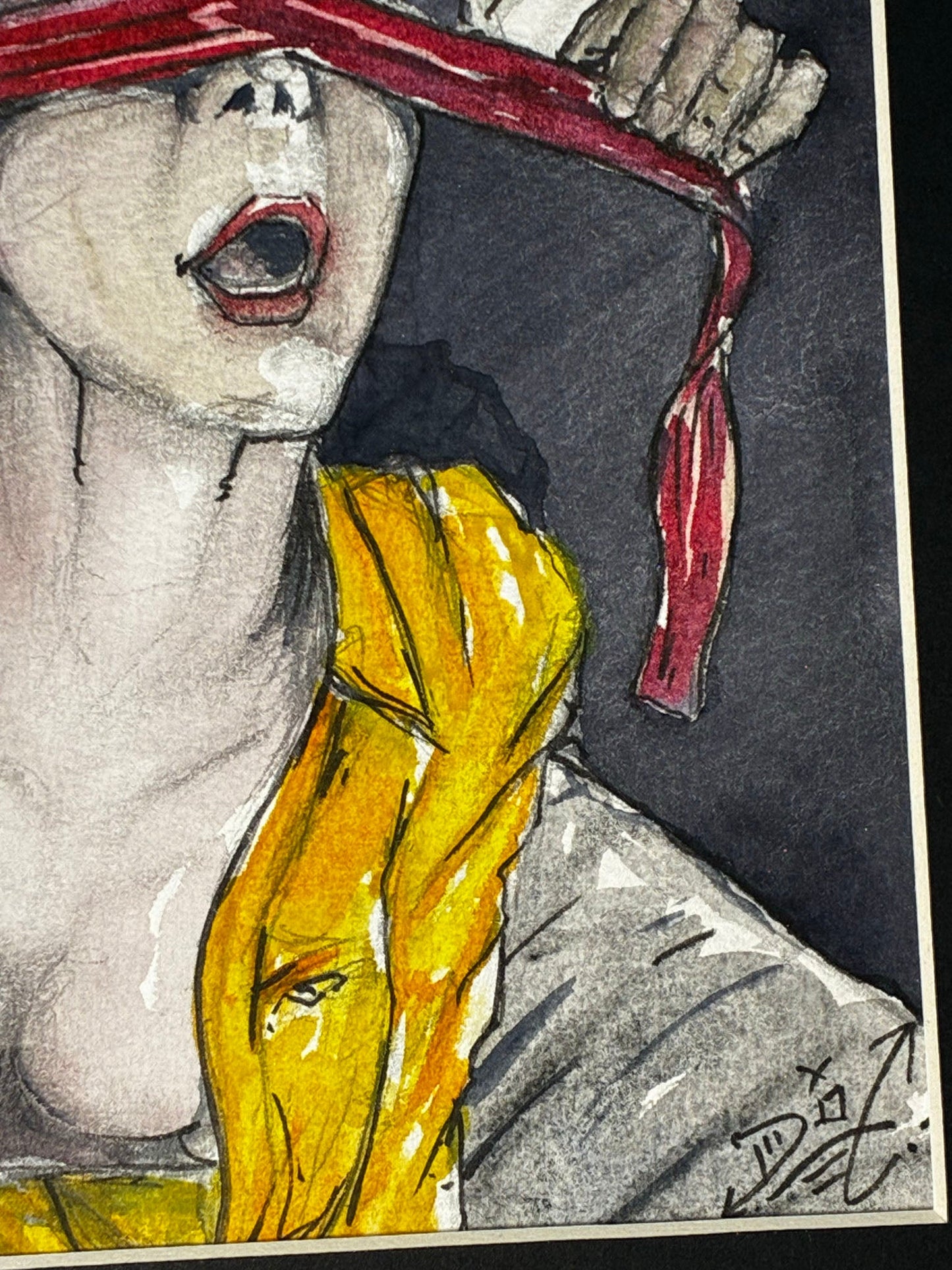 Blindfolded Desire: Watercolor Woman in Yellow Jacket (5x7) - Urban Muse & Sultry Hues