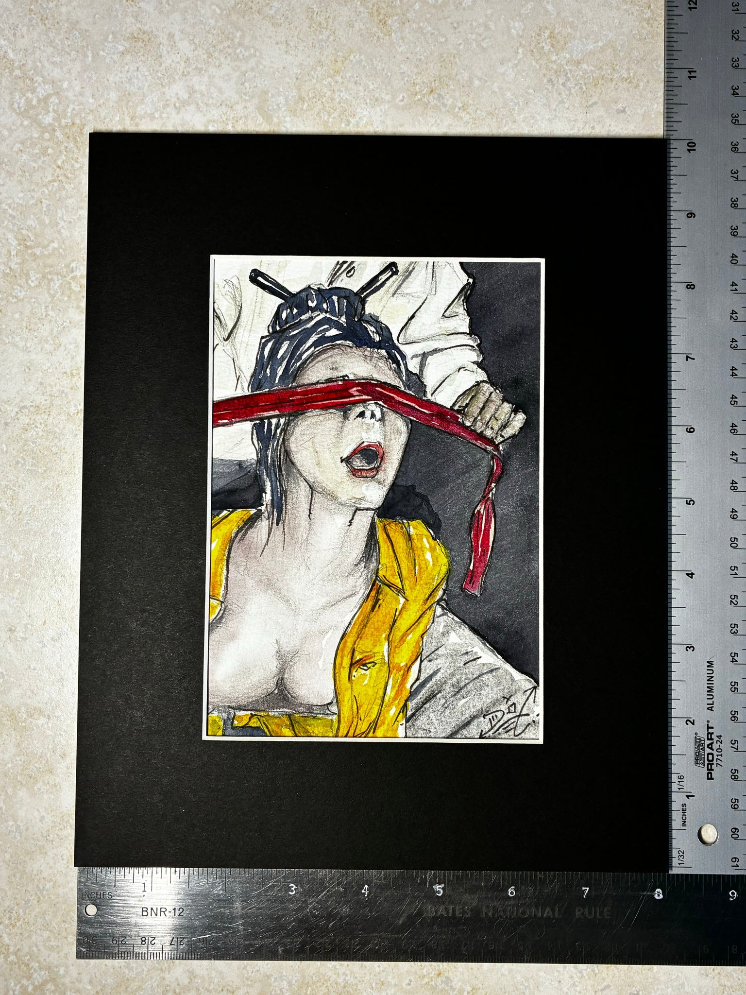 Blindfolded Desire: Watercolor Woman in Yellow Jacket (5x7) - Urban Muse & Sultry Hues