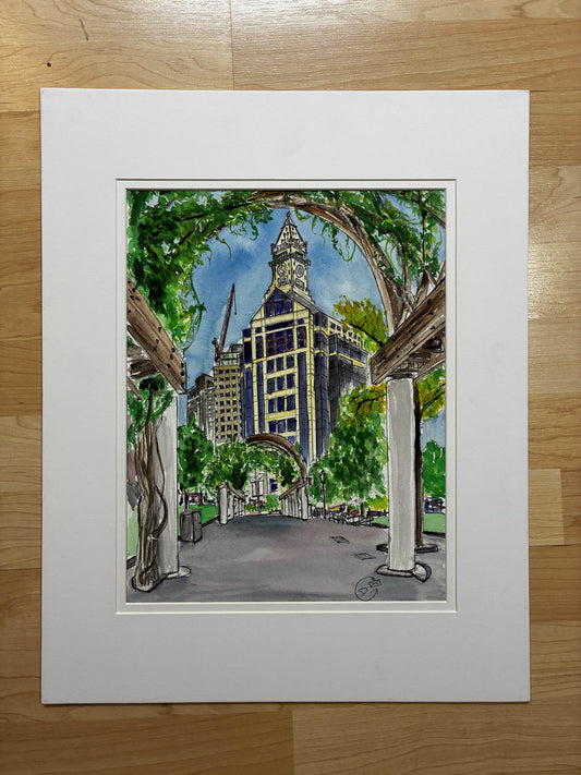 Boston City Skyline Midday – Urban Watercolor from Columbus Park – 11x14” - Urban Muse & Sultry Hues