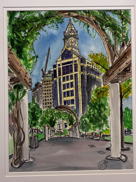 Boston City Skyline Midday – Urban Watercolor from Columbus Park – 11x14” - Urban Muse & Sultry Hues