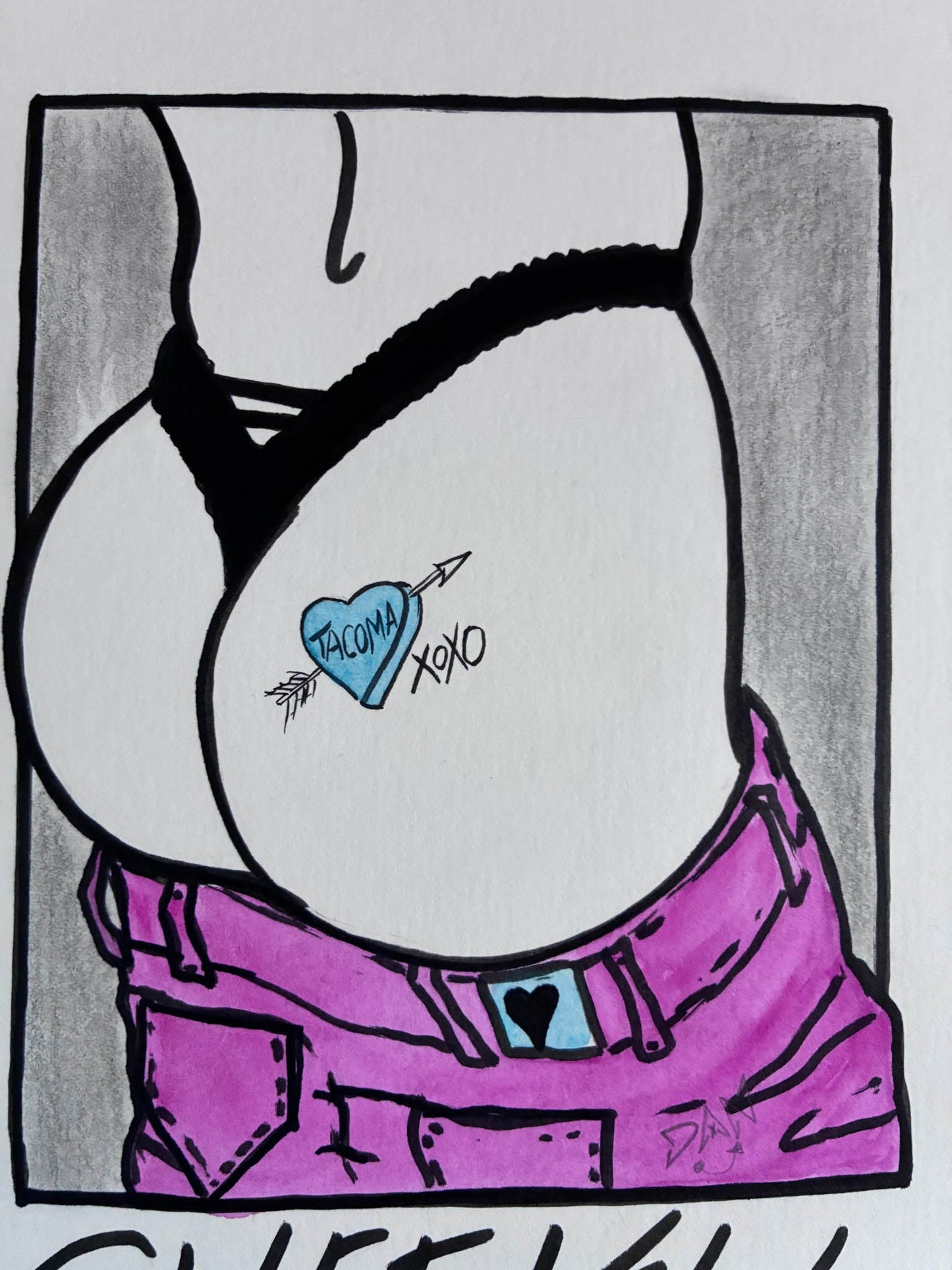 Cheeky Babe! Tacoma Heart Butt Pencil & Watercolor Drawing 9x12” - Urban Muse & Sultry Hues