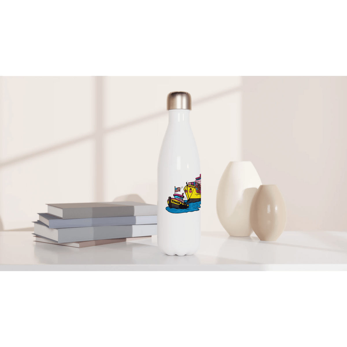 Cheeky Tugger Erotic Nautical Adventure White 17oz Stainless Steel Water Bottle - Urban Muse & Sultry Hues