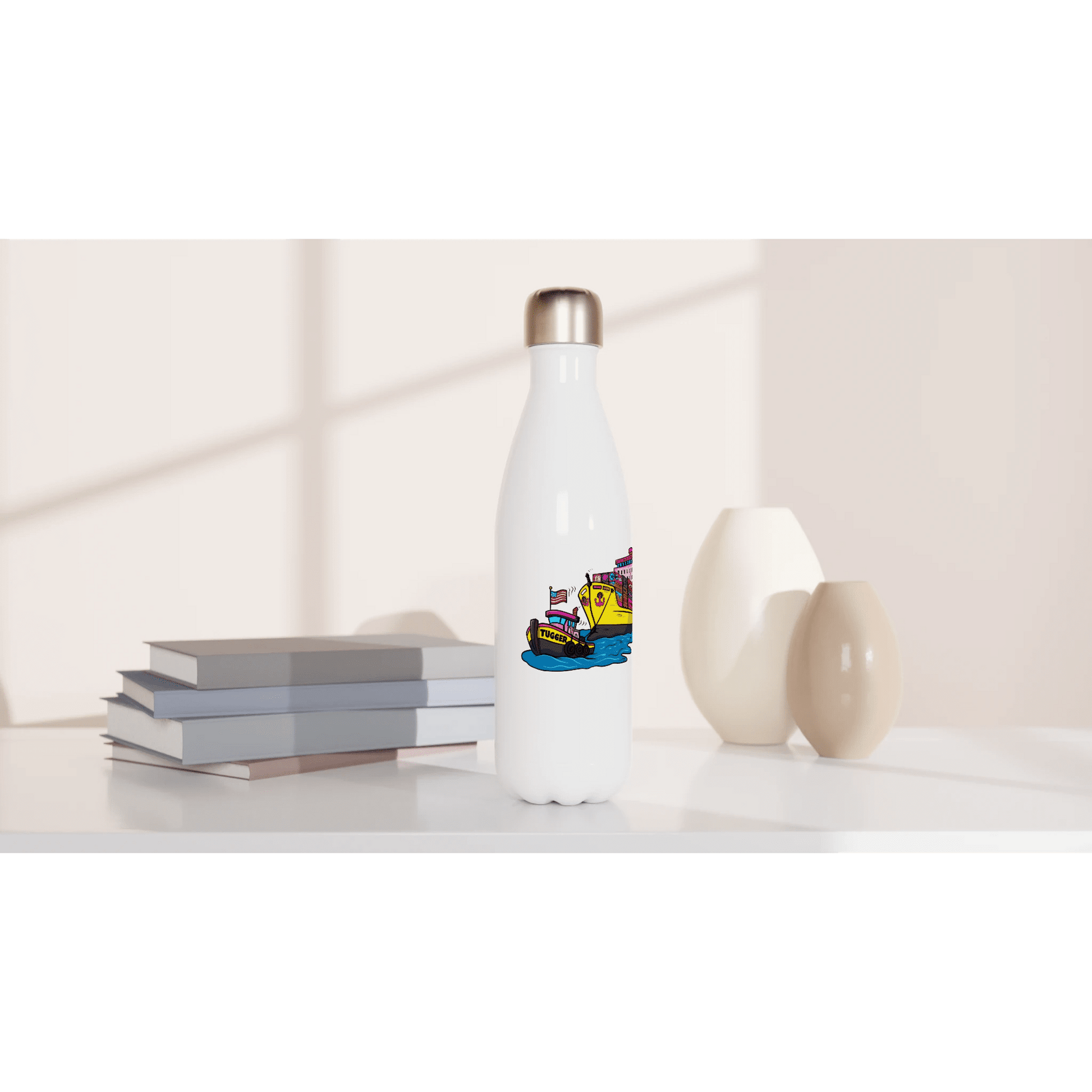 Cheeky Tugger Erotic Nautical Adventure White 17oz Stainless Steel Water Bottle - Urban Muse & Sultry Hues