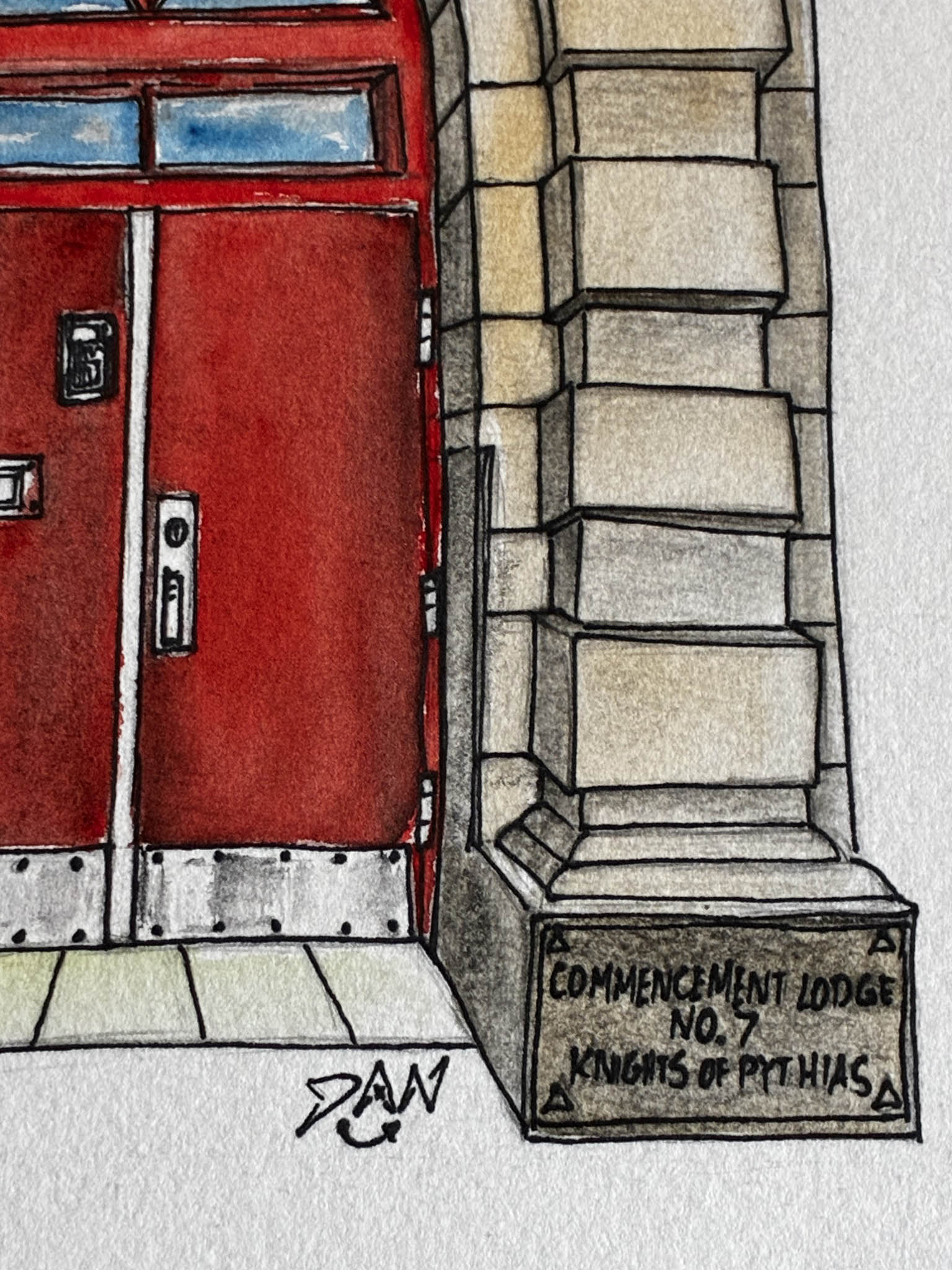 Commencement Lodge Red Door – Tacoma Historic Watercolor Art - Urban Muse & Sultry Hues