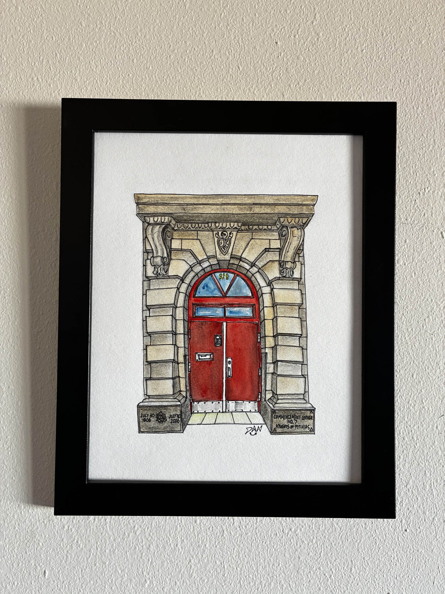 Commencement Lodge Red Door – Tacoma Historic Watercolor Art - Urban Muse & Sultry Hues