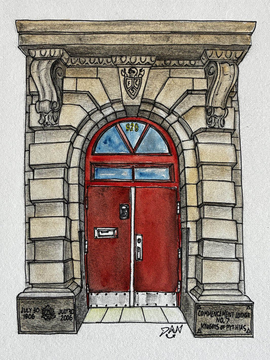 Commencement Lodge Red Door – Tacoma Historic Watercolor Art - Urban Muse & Sultry Hues