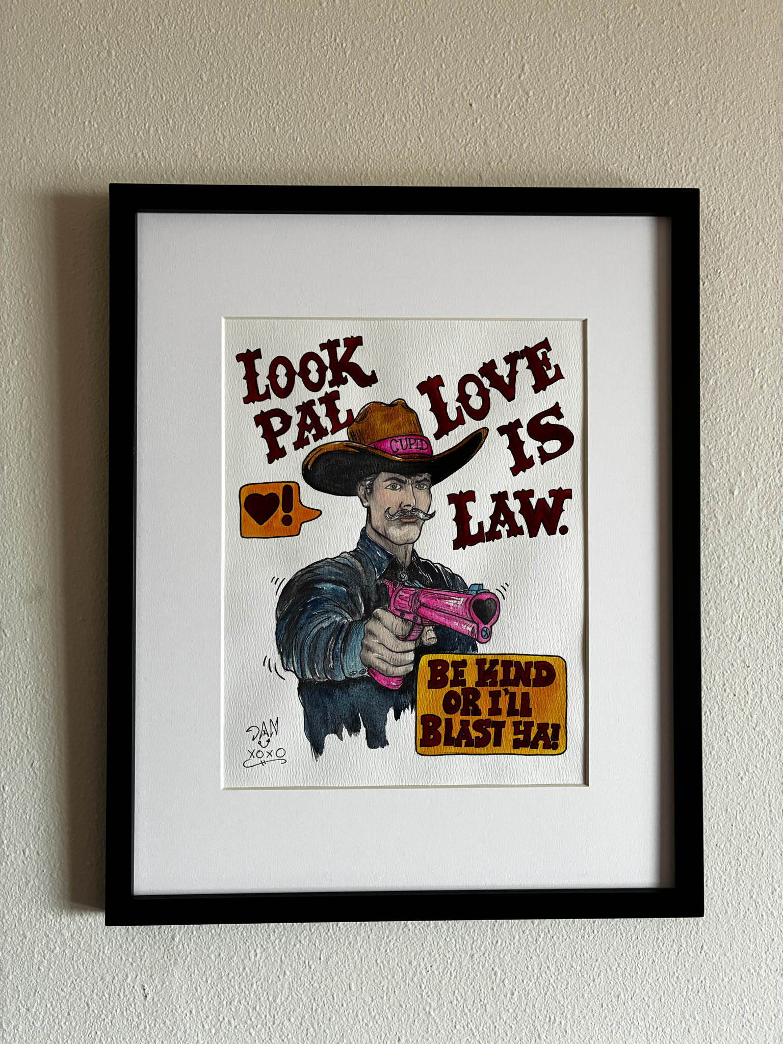Cowboy Cupid Watercolor "Love is Law" – Playful Western Erotic Art, Framed 17x21 - Urban Muse & Sultry Hues