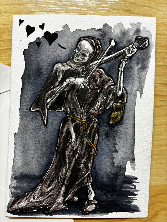 Death as Strangler Skeleton Violin Watercolor Card – 4x6" - Urban Muse & Sultry Hues