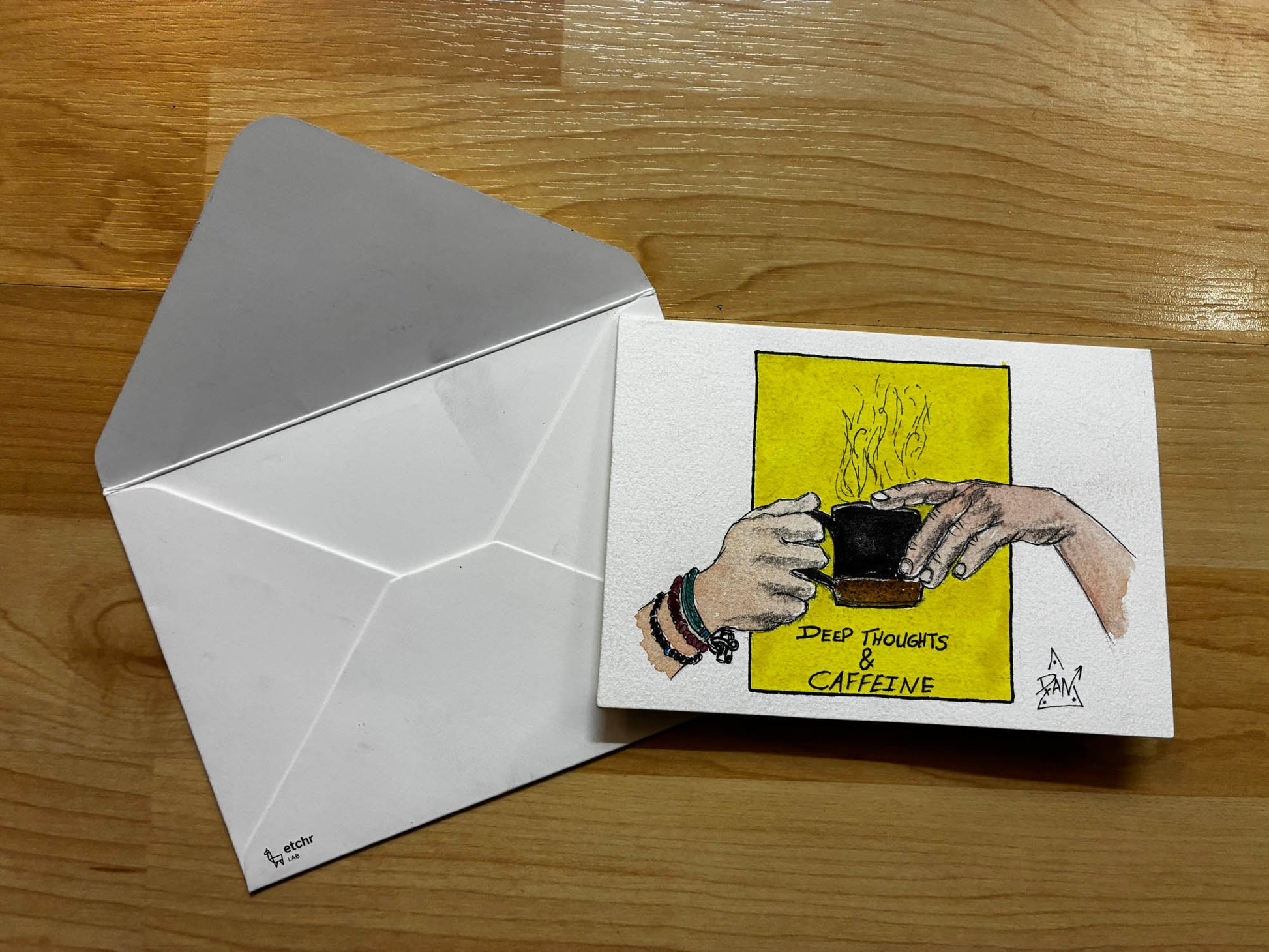 Deep Thoughts & Caffeine Coffee Hands Watercolor Card – 4x6" - Urban Muse & Sultry Hues