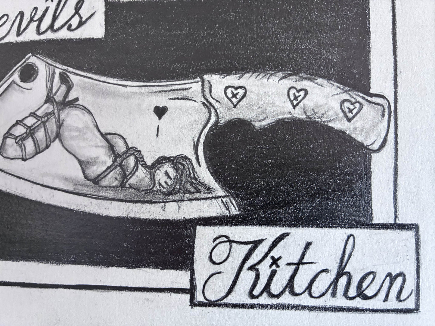 Devils Kitchen - Sensual Graphite Cleaver Drawing with Shibari Reflection - Urban Muse & Sultry Hues