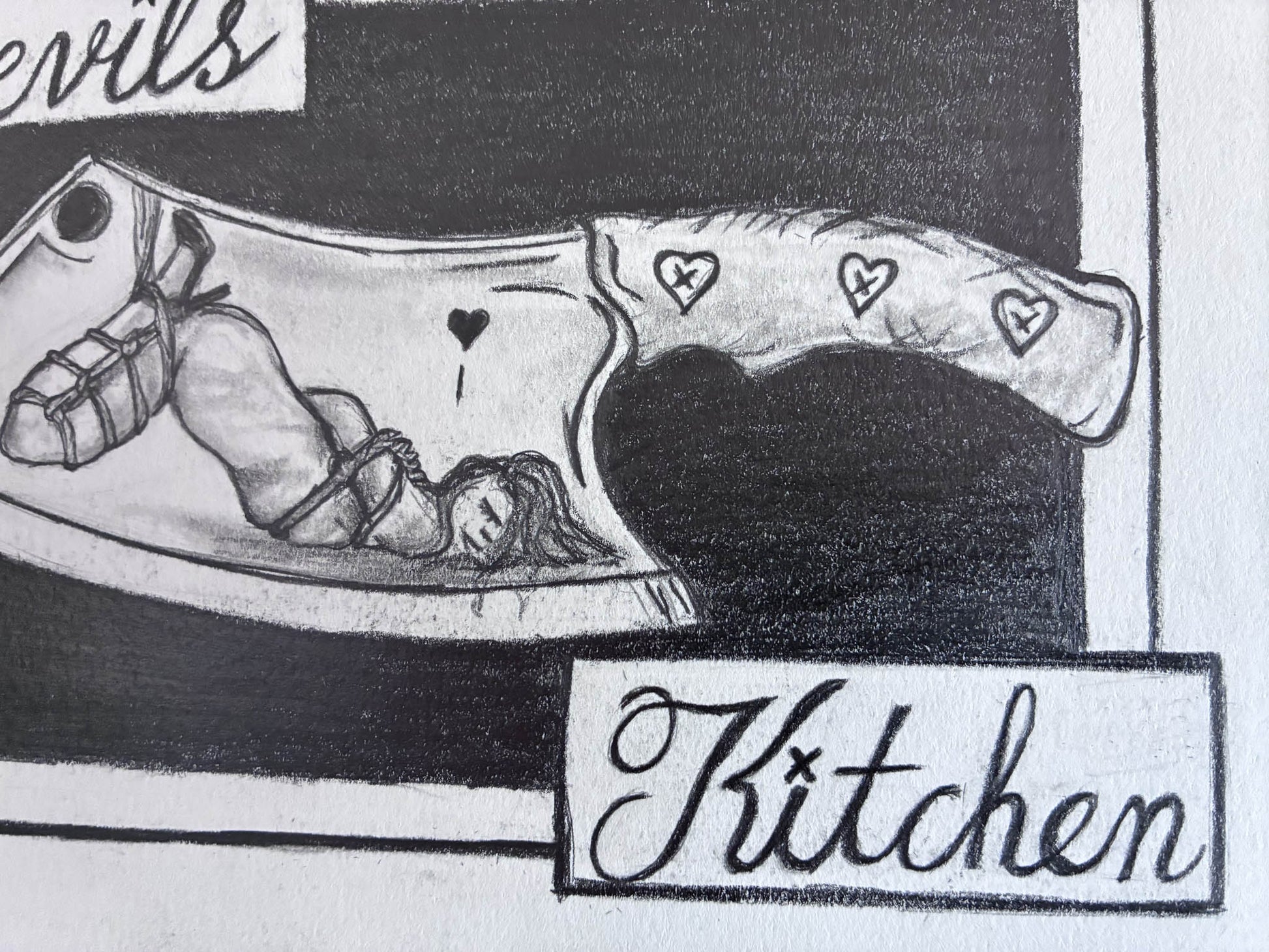 Devils Kitchen - Sensual Graphite Cleaver Drawing with Shibari Reflection - Urban Muse & Sultry Hues