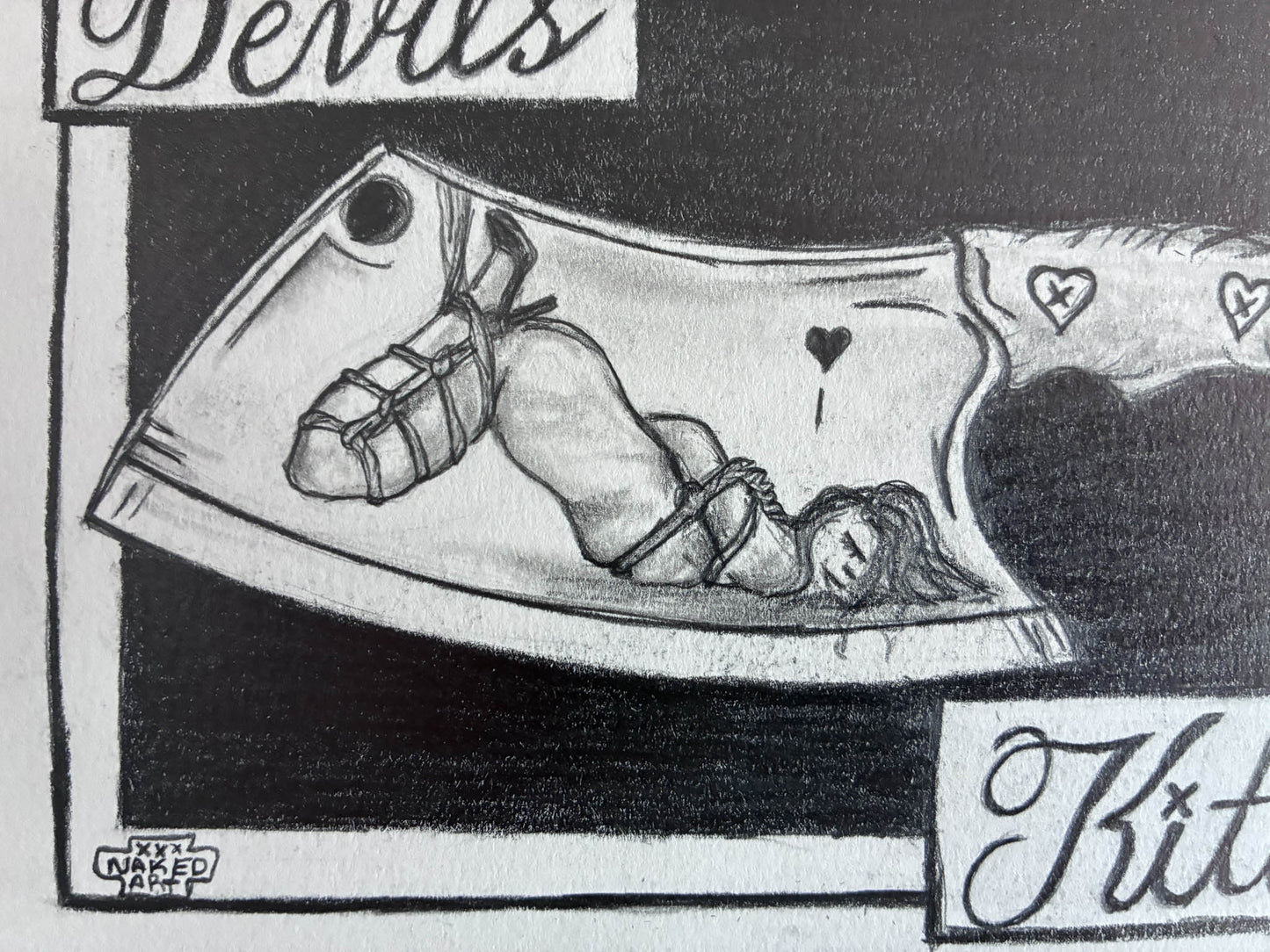 Devils Kitchen - Sensual Graphite Cleaver Drawing with Shibari Reflection - Urban Muse & Sultry Hues