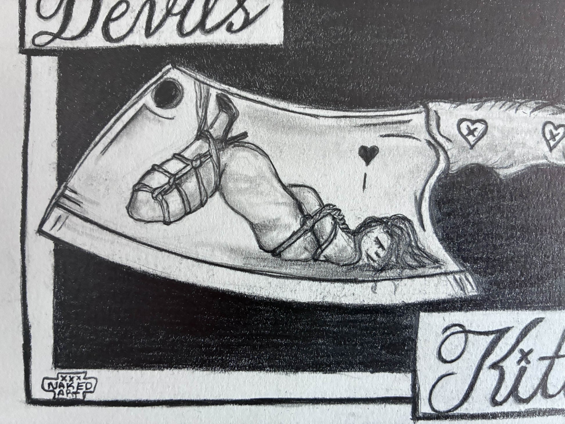 Devils Kitchen - Sensual Graphite Cleaver Drawing with Shibari Reflection - Urban Muse & Sultry Hues