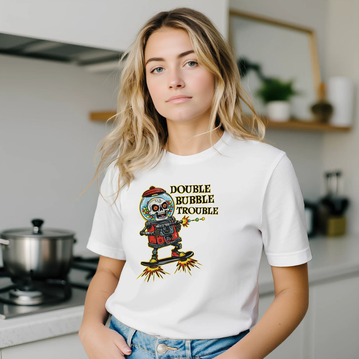 Double Bubble Trouble Skull Gumball Robot Tee – Unisex Bella+Canvas 3001 - Urban Muse & Sultry Hues
