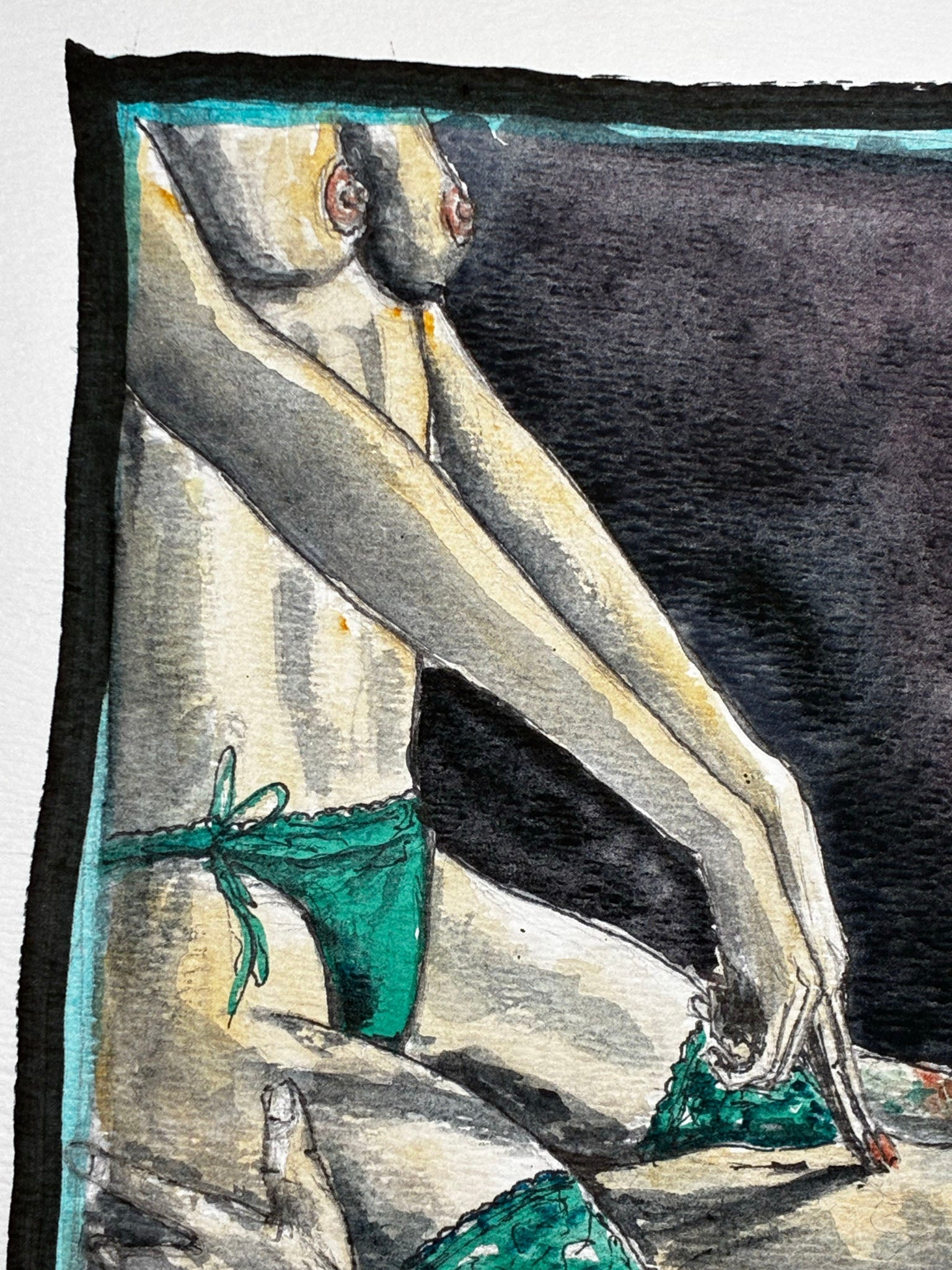 Emerald Entwined: Sensual Watercolor Bikini Couple in Passion (8x10) - Urban Muse & Sultry Hues