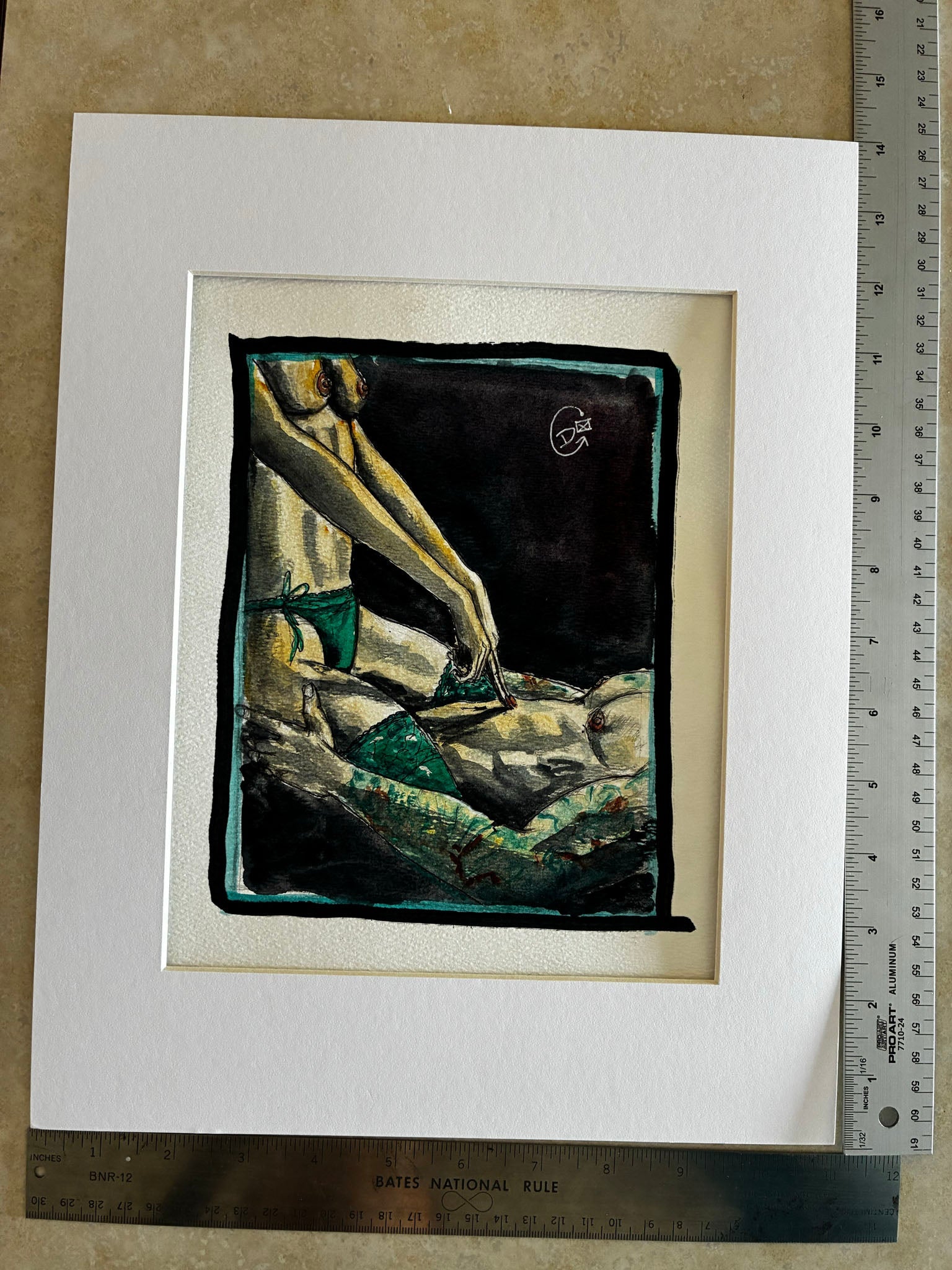 Emerald Entwined: Sensual Watercolor Bikini Couple in Passion (8x10) - Urban Muse & Sultry Hues