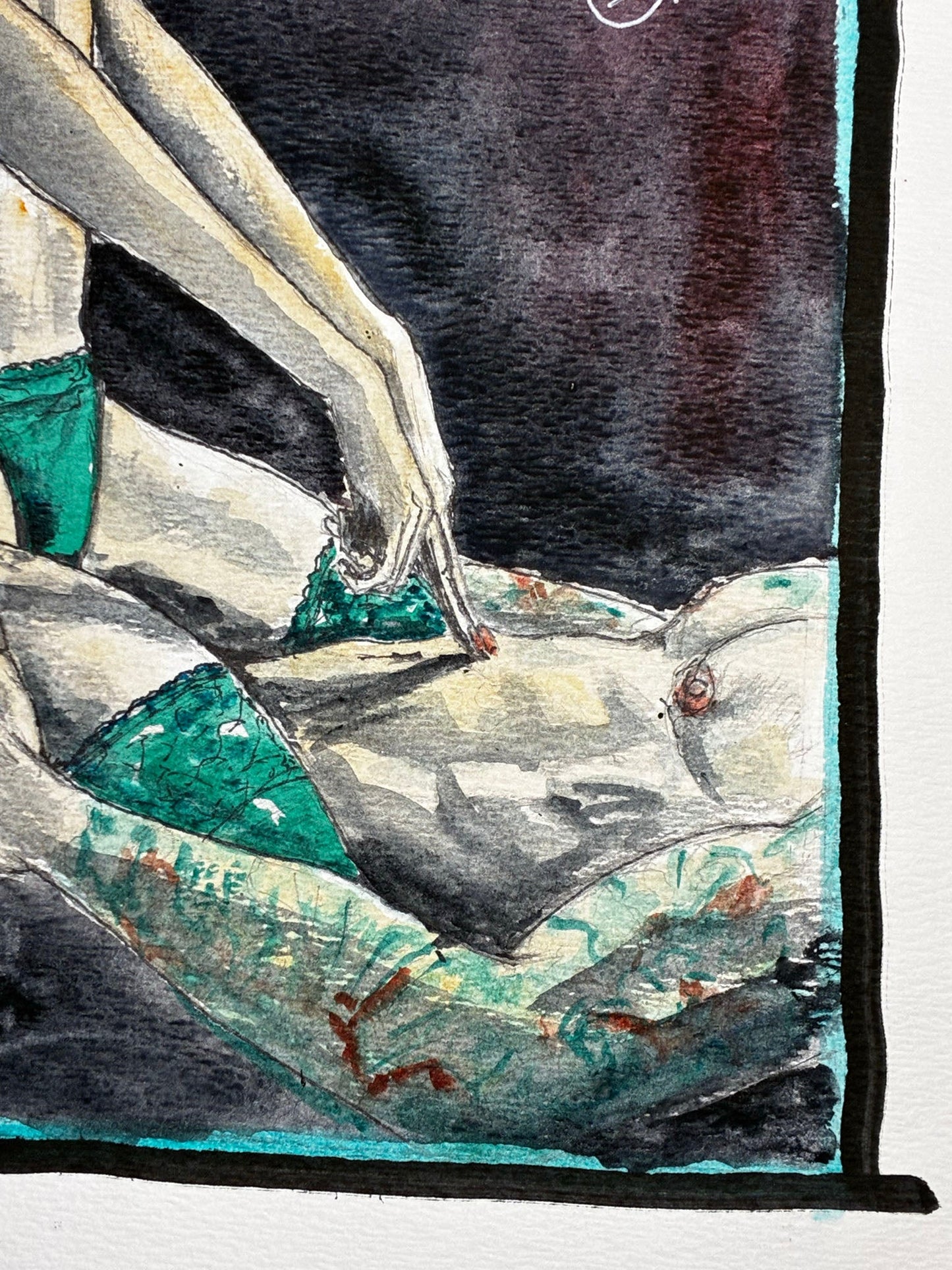 Emerald Entwined: Sensual Watercolor Bikini Couple in Passion (8x10) - Urban Muse & Sultry Hues