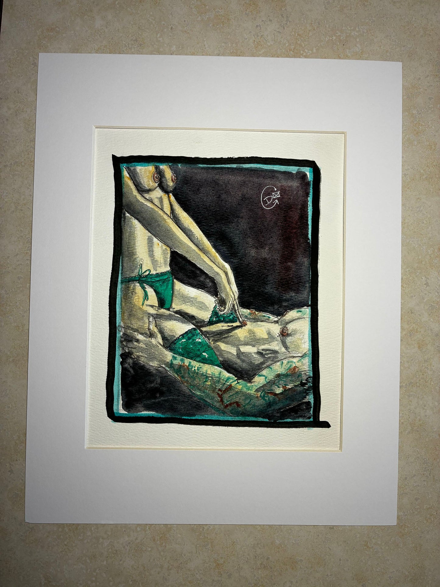 Emerald Entwined: Sensual Watercolor Bikini Couple in Passion (8x10) - Urban Muse & Sultry Hues