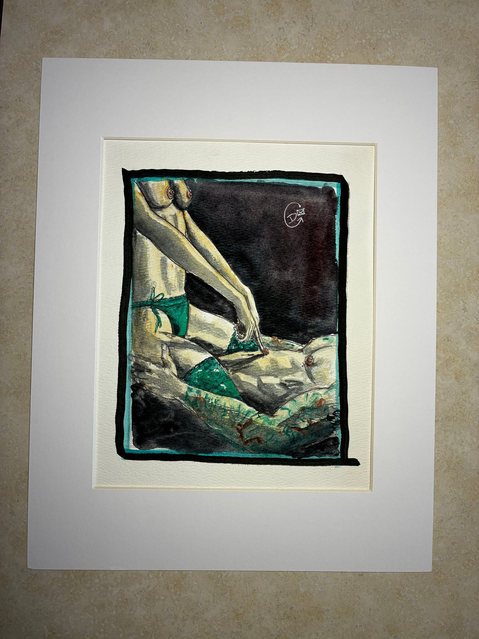 Emerald Entwined: Sensual Watercolor Bikini Couple in Passion (8x10) - Urban Muse & Sultry Hues