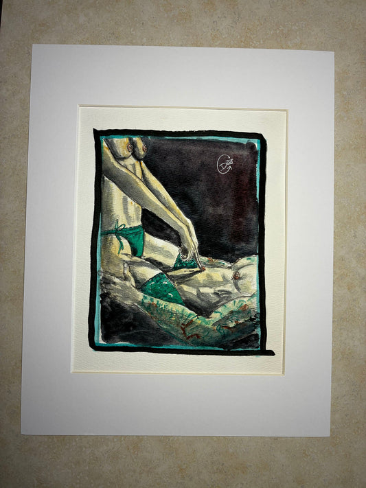 Emerald Entwined: Sensual Watercolor Bikini Couple in Passion (8x10) - Urban Muse & Sultry Hues
