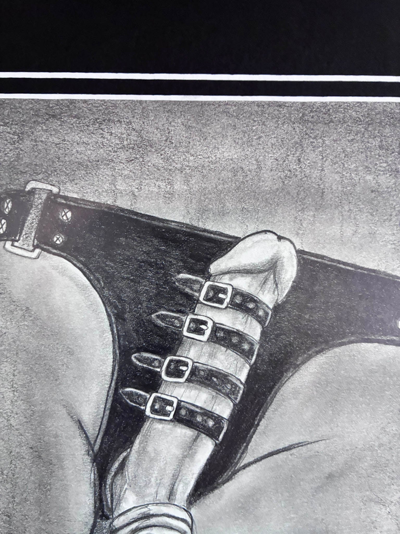 Erotic Male Torso Pencil Drawing – Leather Jockstrap 8x10” - Urban Muse & Sultry Hues