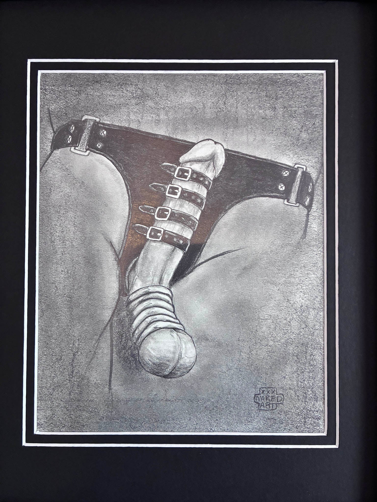 Erotic Male Torso Pencil Drawing – Leather Jockstrap 8x10” - Urban Muse & Sultry Hues