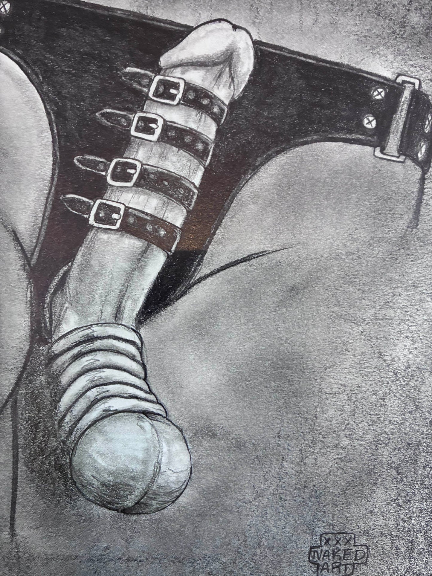 Erotic Male Torso Pencil Drawing – Leather Jockstrap 8x10” - Urban Muse & Sultry Hues